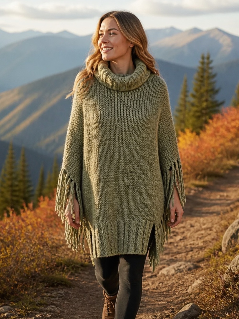 Chico’s Wool Blend Olive Green Turtleneck Fringe Knit Sweater Poncho Small